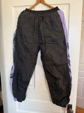 Vintage Black Windbreaker Track Pants with Lavender Side Stripe size M